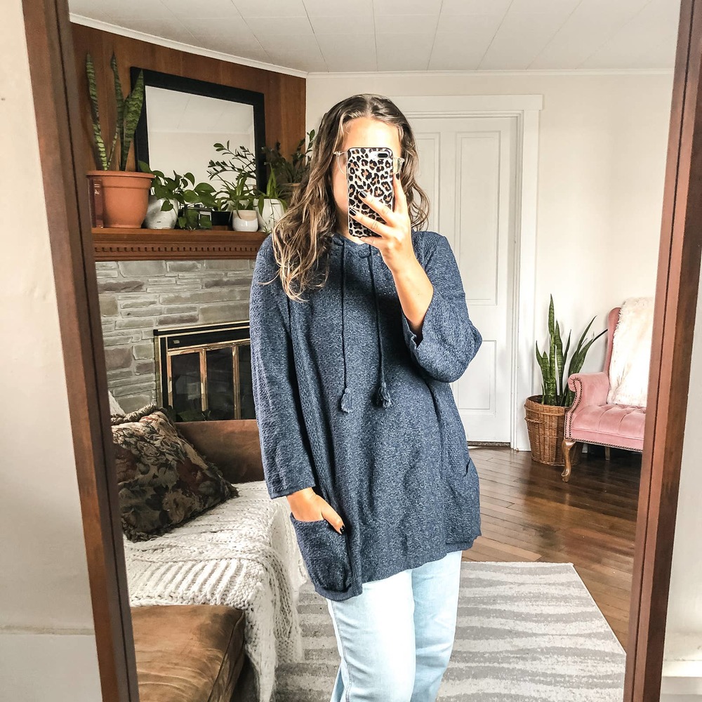 PURE JILL | Women's XLP Navy Blue Chunky Textured Knit Hooded Sweater Cotton